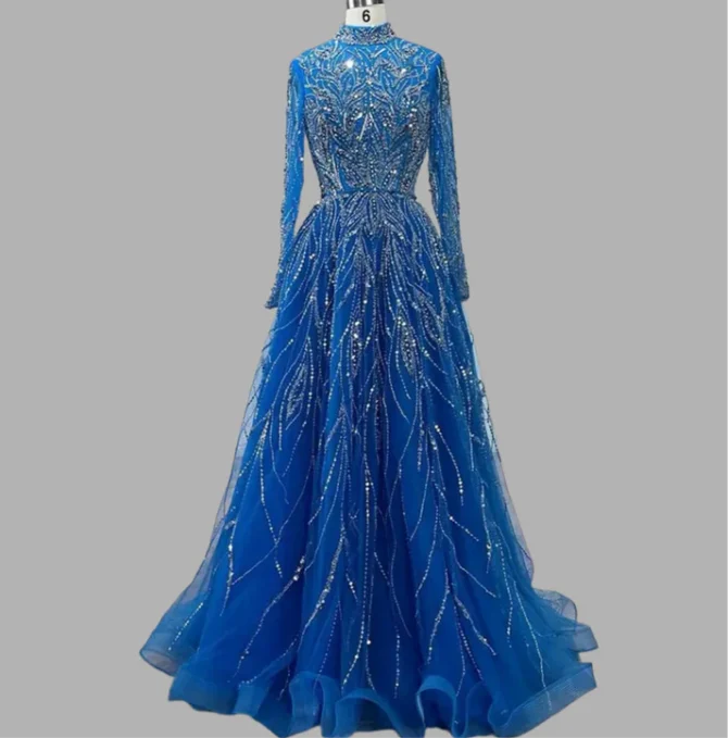 Blue Beaded luxury party dress