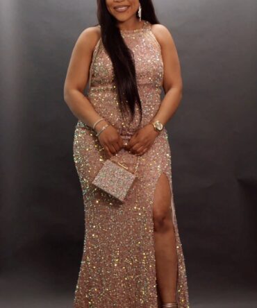 Bead sleeve front slit party dress