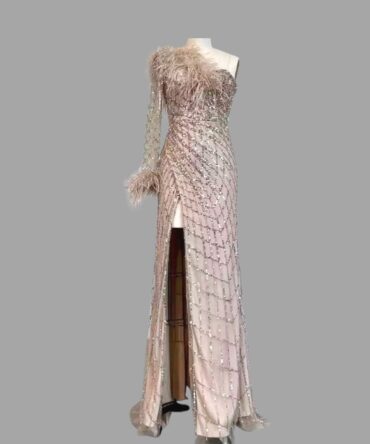 Beaded feathers one shoulder dress