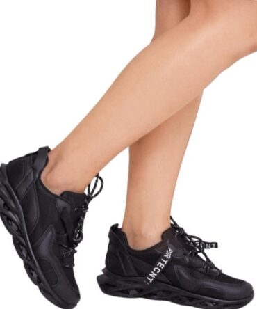 Black Chunky Sole Trainer With Lace Up front