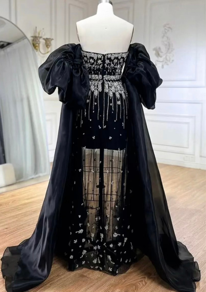 Black Mermaid Beaded Puff Sleeves Overskirt Dress/Gown - Image 3