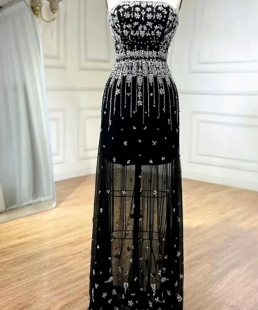 Black Mermaid Beaded Puff Sleeves Overskirt Dress/Gown
