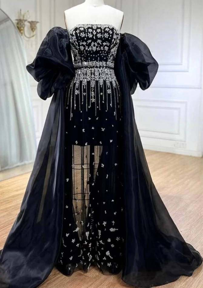 Black Mermaid Beaded Puff Sleeves Overskirt Dress/Gown - Image 2
