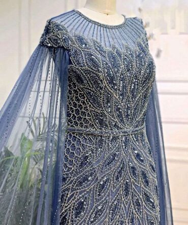 Blue Drop Sleeve Embellished Beaded Dress