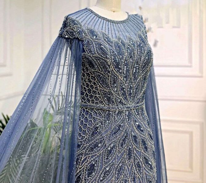 Blue Drop Sleeve Embellished Beaded Dress