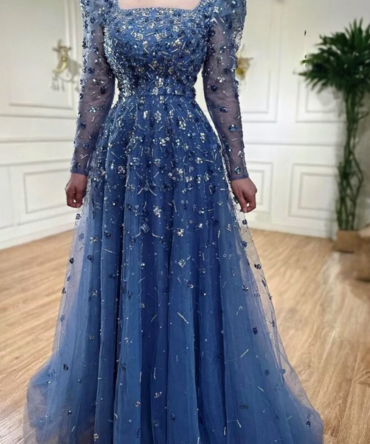 Blue Heavily Embellished Beaded Evening Dress