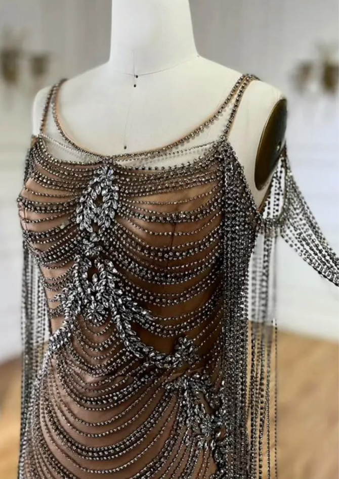 Sparkly Rhinestone Nude Long Occasional Dress - Image 3