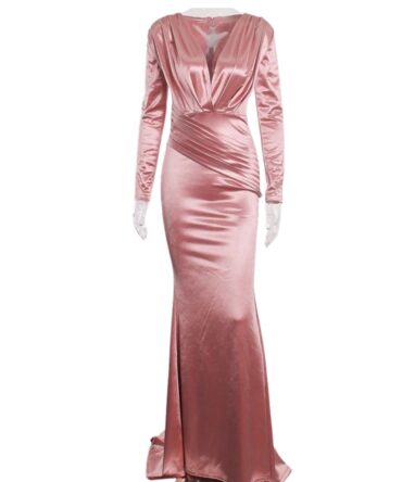 Deep V-neck Long Sleeve Pleated Satin Dress