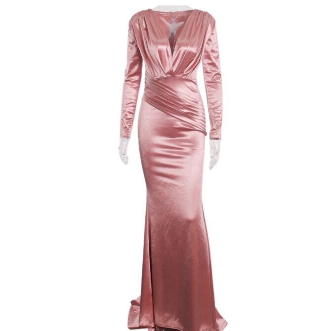 Deep V-neck Long Sleeve Pleated Satin Dress