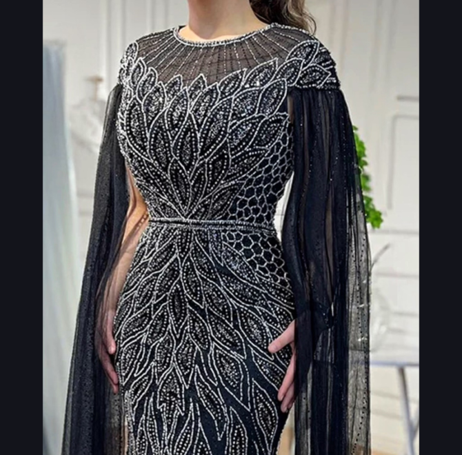 Drop Sleeve Embellished Beaded Dress