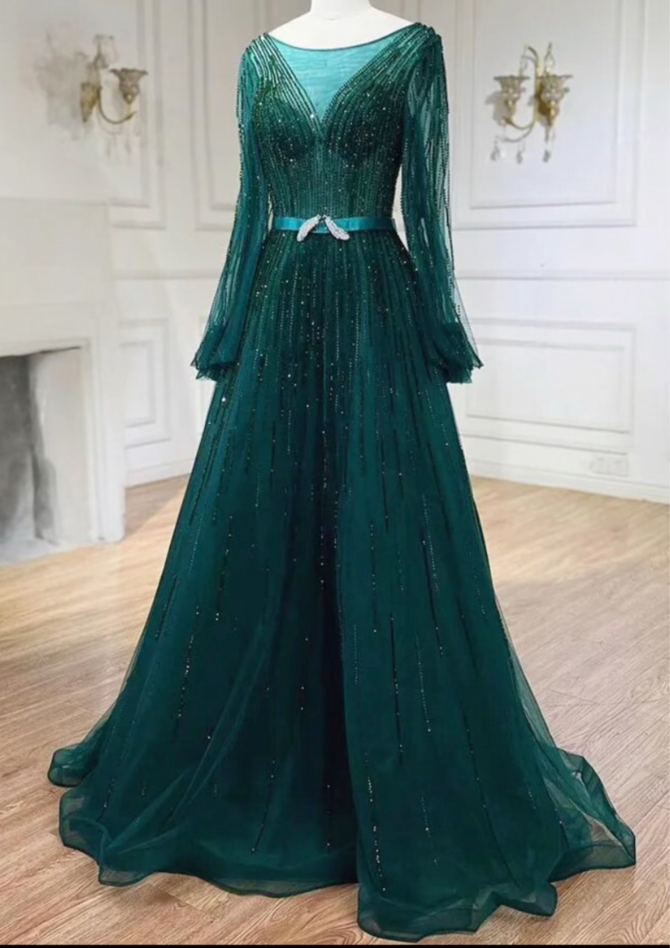 Elegant Emerald Green Long Sleeve Evening Dress