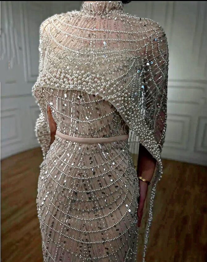 Embellished drop cape dress