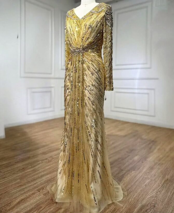 Gold Elegant Embellished V-Neck Dress - Image 2