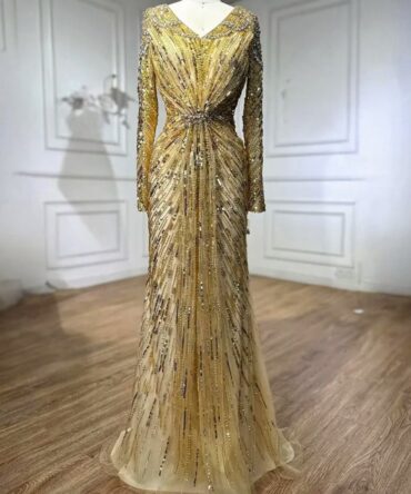 Gold Elegant Embellished V-Neck Dress
