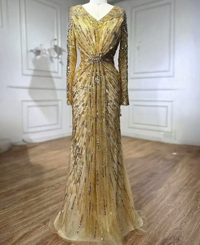 Gold Elegant Embellished V-Neck Dress