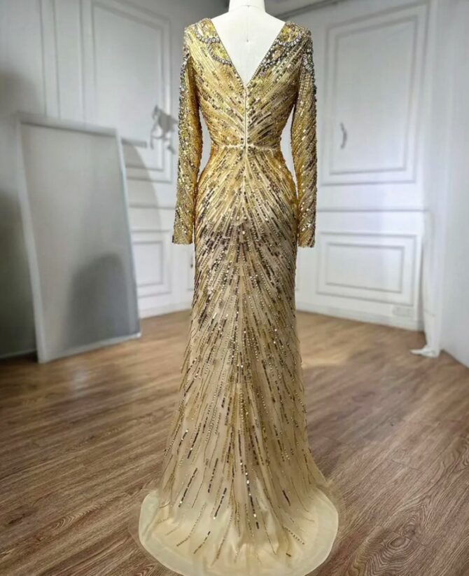 Gold Elegant Embellished V-Neck Dress - Image 3
