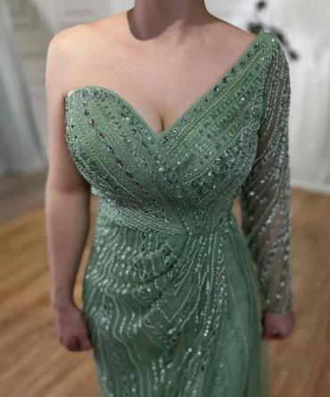 Green Heavily Beaded Evening Dress