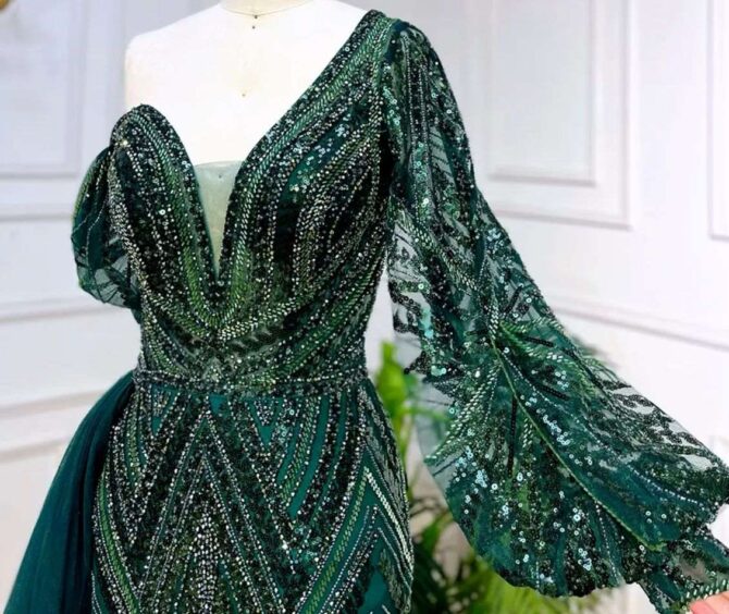 Green  One Shoulder Puff Party Dress