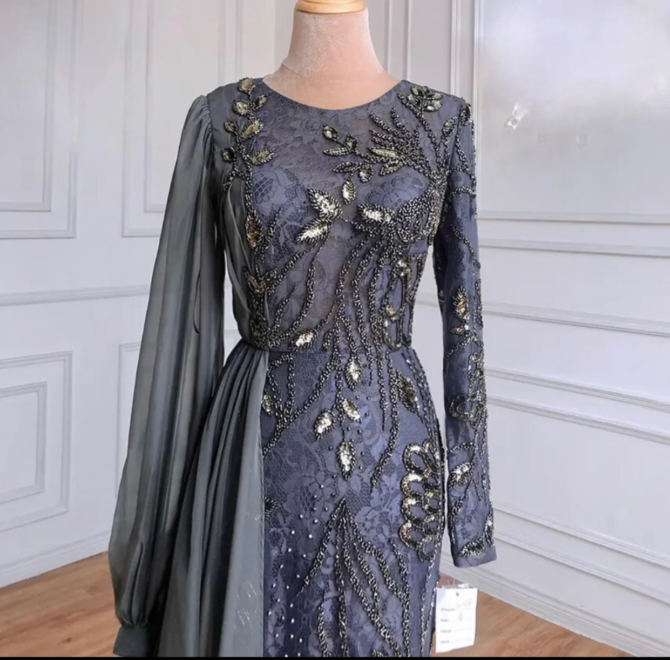 Grey Overskirt Mermaid Evening Dress - Image 3
