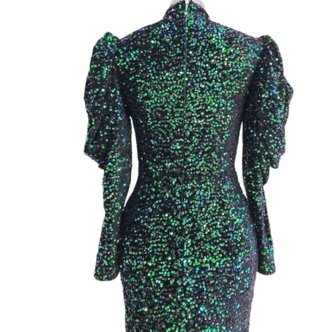 High Neck   Puff Long Sleeves Velvet Sequin - Image 2