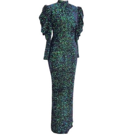 High Neck   Puff Long Sleeves Velvet Sequin