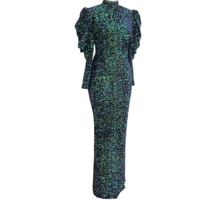 High Neck   Puff Long Sleeves Velvet Sequin