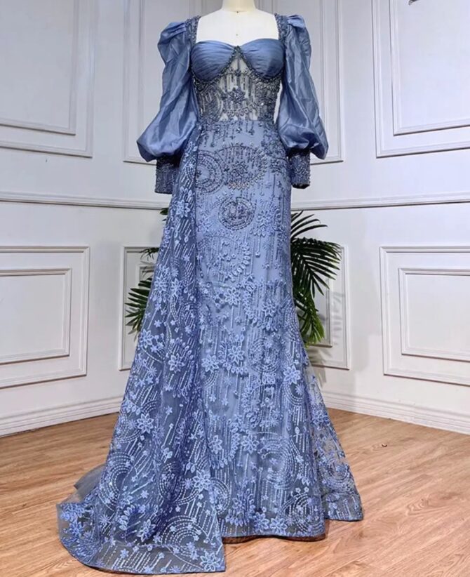 Lace Beaded Ballon Sleeve Dress