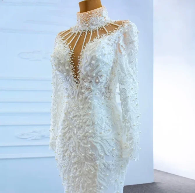 Lace beaded high neck wedding dress - Image 2