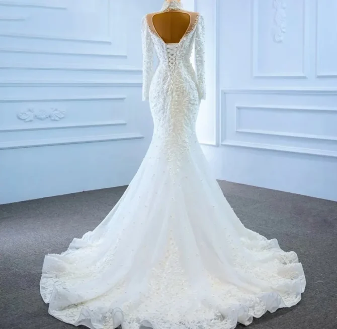 Lace beaded high neck wedding dress - Image 3