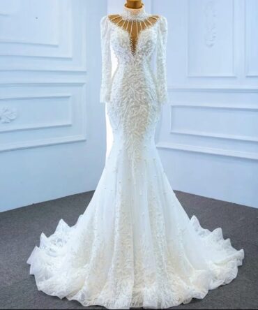 Lace beaded high neck wedding dress