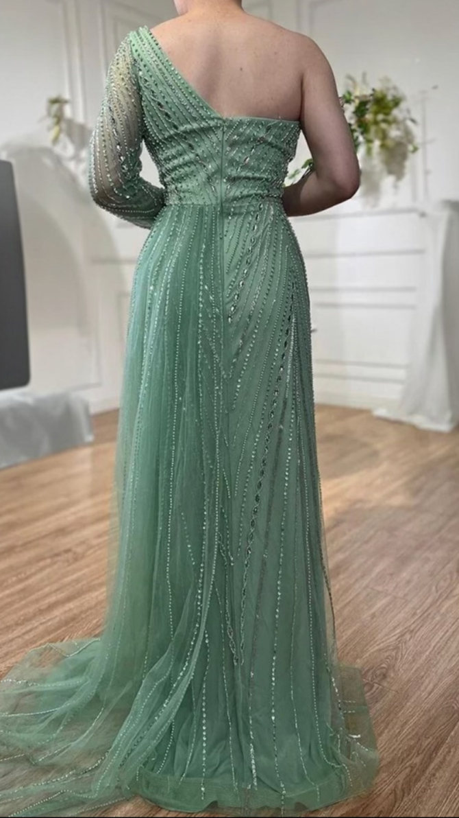 Green Heavily Beaded Evening Dress - Image 3