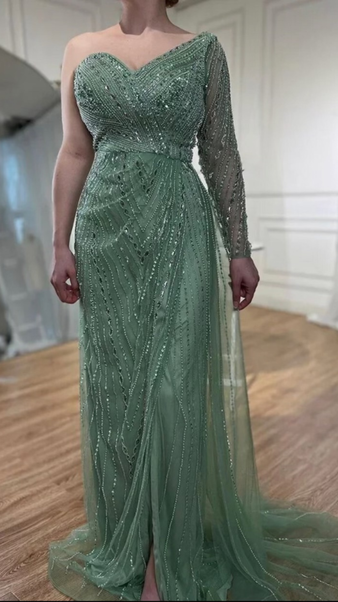Green Heavily Beaded Evening Dress - Image 2