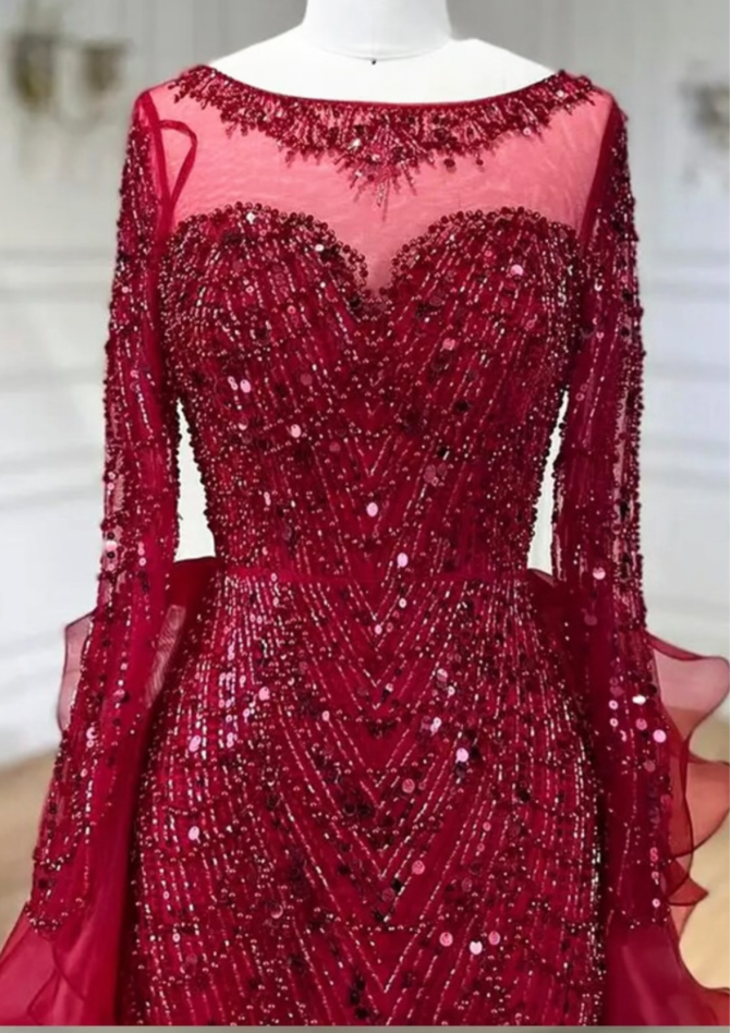 Long Sleeve Red Sequin Prom Occasional Dress - Image 3
