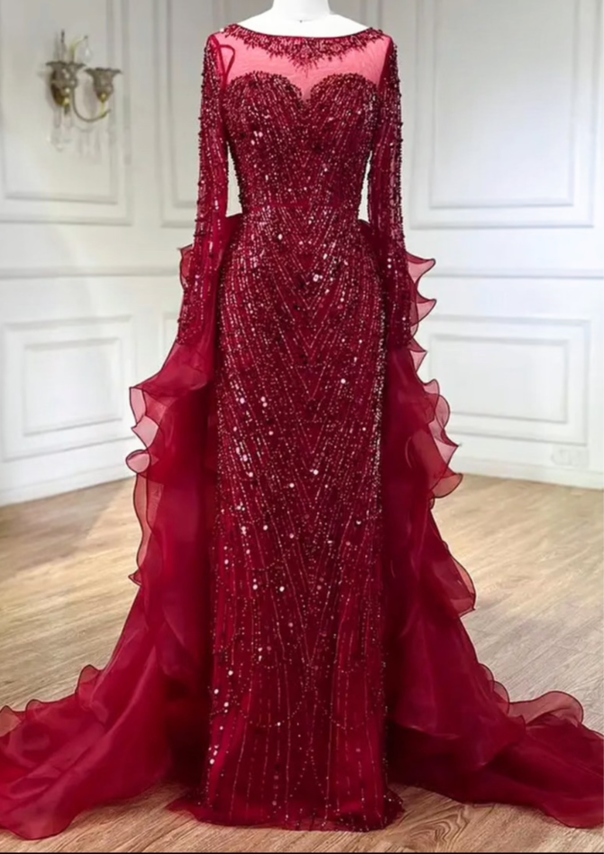 Long Sleeve Red Sequin Prom Occasional Dress