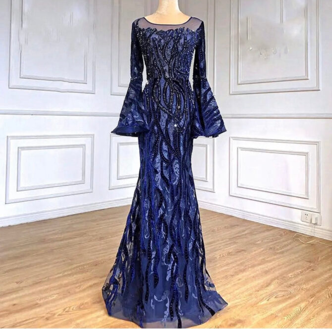 Navyblue Velvet Crystals Long Dress