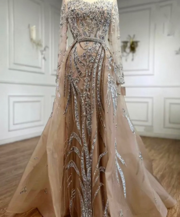 Nude Beaded Overskirt Mermaid Dress