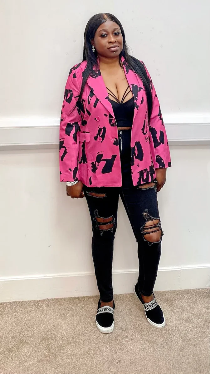 Pink print double breasted blazer