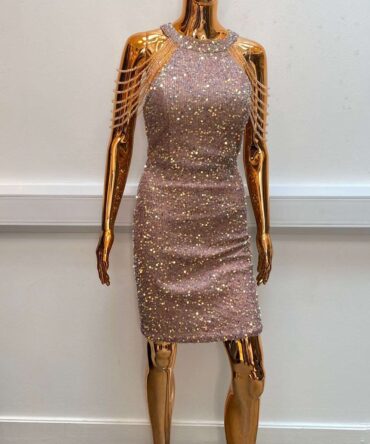 Sequin with shoulder crystal beads dress