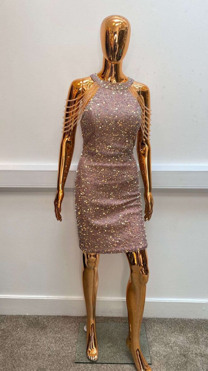 Sequin with shoulder crystal beads dress