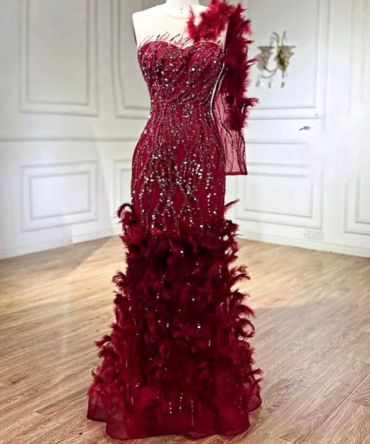 Wine Feathered One Sleeve Embellished dress