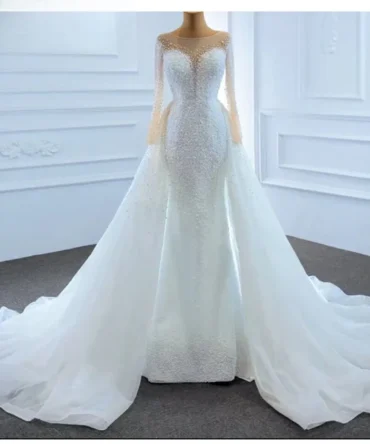 Mesh beaded sleeve wedding Dress
