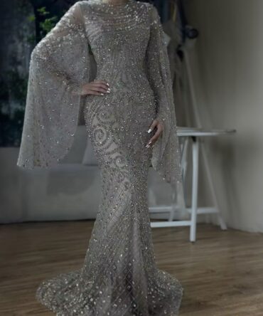 Flared sleeve full beaded party dress