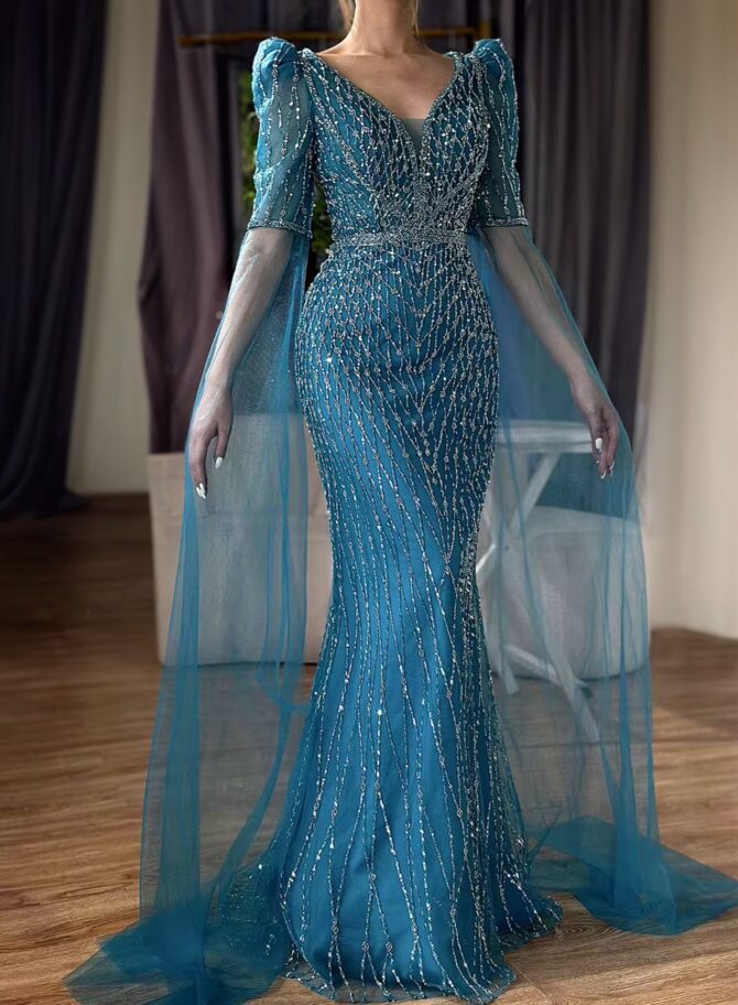 Cape drop sleeve stones beaded party dress - Image 2