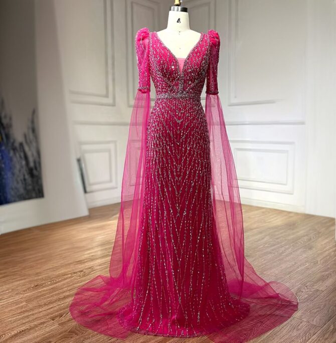 Cape drop sleeve stones beaded party dress - Image 4