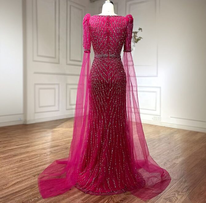 Cape drop sleeve stones beaded party dress - Image 3