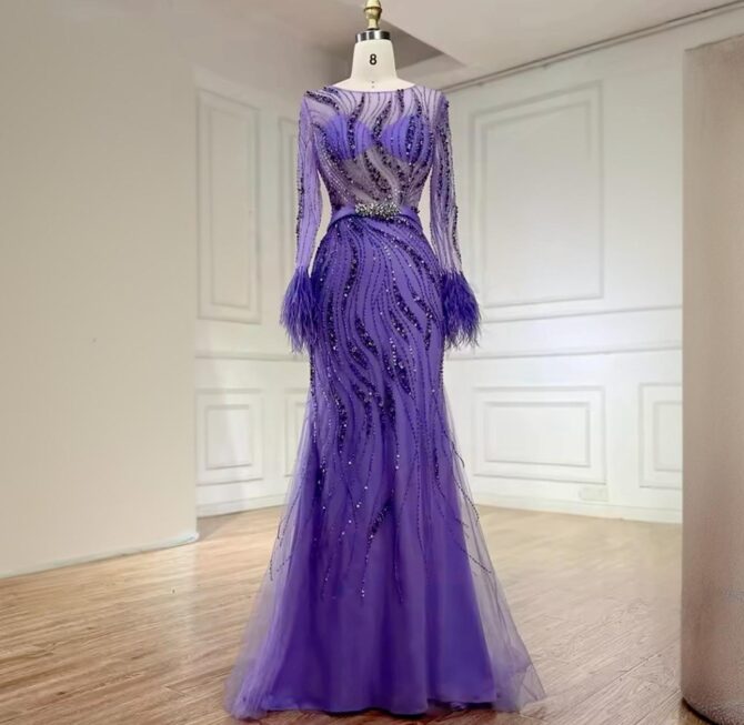 Sleeve feathers see though beaded dress - Image 3