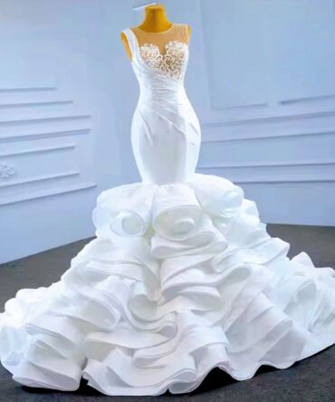 Bridal stone see through ruffle wedding dress