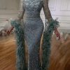 Teal Flared Sleeves Mermaid Peach Beaded Feather Luxury Dress