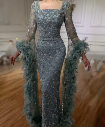 Teal Flared Sleeves Mermaid Peach Beaded Feather Luxury Dress