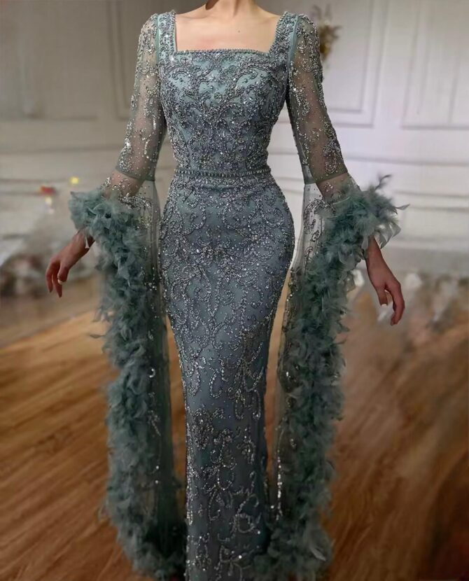 Teal Flared Sleeves Mermaid Peach Beaded Feather Luxury Dress